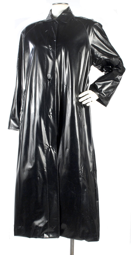 Vintage 80s Glossy Black Vinyl PVC Long Raincoat w/Flannel Lining