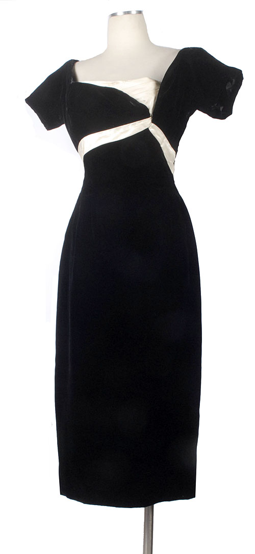 Vintage 50s CEIL CHAPMAN Black Velvet Cream Satin Cocktail Party Dress ...